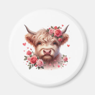 Romantische Highland-Kuh mit Rosen und Herzen – La Magnet