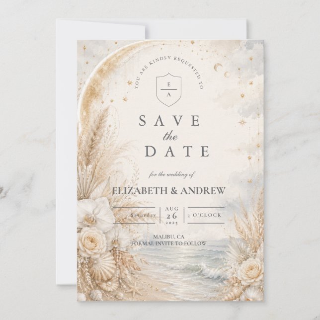 Romantische himmlische Strandhochzeit Save The Date (Vorderseite)