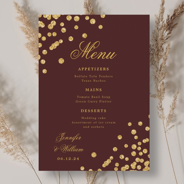 Romantische Hochzeit Confetti Gold Burgund Menükarte (Elegant Romantic Wedding Confetti Gold Burgundy Menu)