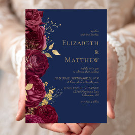 Romantische Hochzeit der Burgund Navy Blue Gold Fl Einladung