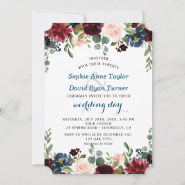 Romantische Hochzeit der Burgundy Navy Blush Flora Einladung