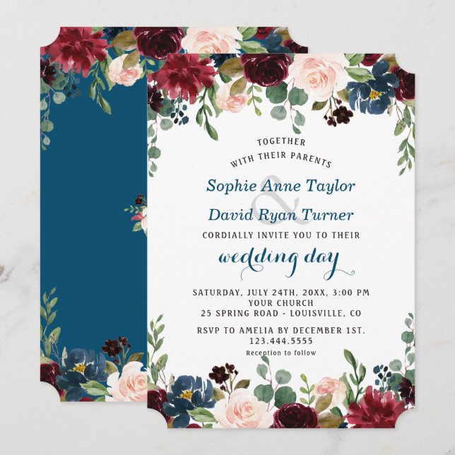 Romantische Hochzeit der Burgundy Navy Blush Flora Einladung (Vorne/Hinten)