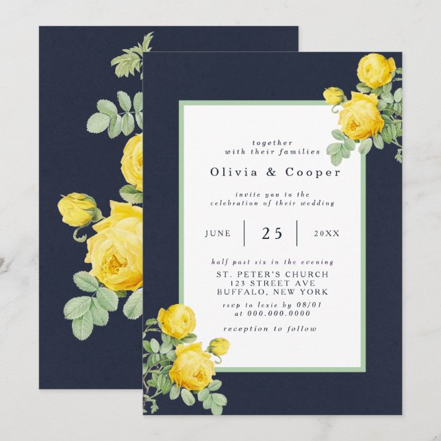 Romantische Hochzeit der Marine und des Gelben Ros Einladung (Vorne/Hinten)