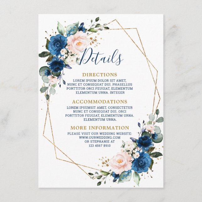 Romantische Hochzeit der Navy Blush Floral Geometr Begleitkarte (Vorderseite)
