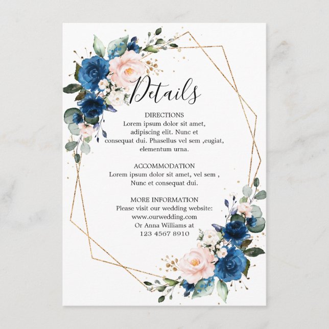 Romantische Hochzeit der Navy Blush Floral Geometr Begleitkarte (Vorderseite)