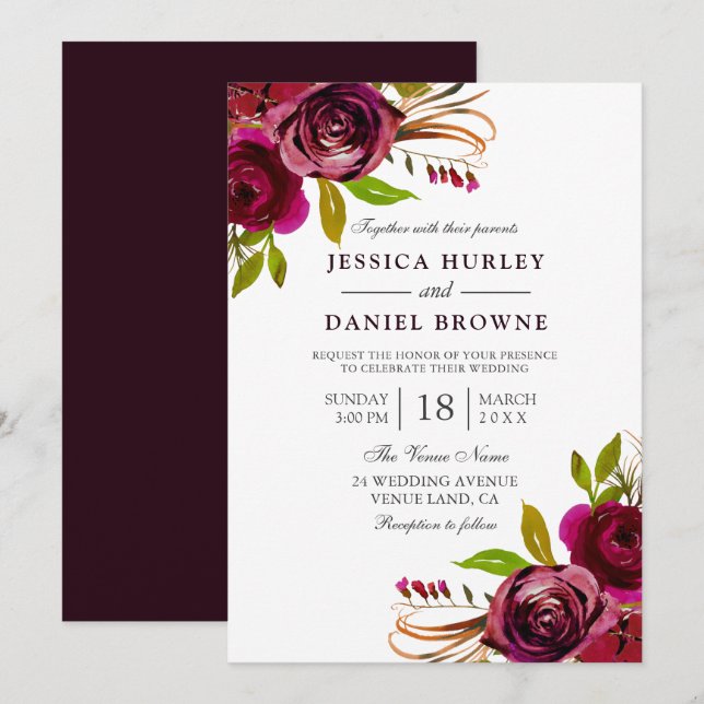Romantische Hochzeit der Rote Rose Deep Burgund Einladung (Vorne/Hinten)