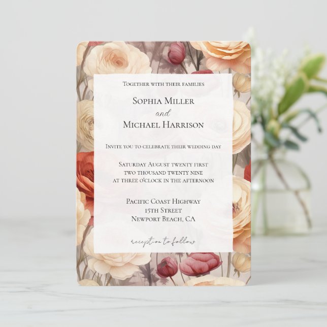 Romantische Hochzeit der Roten Creme Einladung (Stehend Vorderseite)
