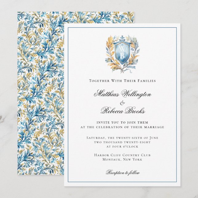 Romantische Hochzeit des Blue Wappen Monogram Einladung (Vorne/Hinten)