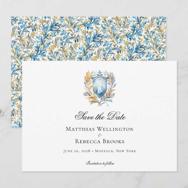 Romantische Hochzeit des Blue Wappen Monogram Save The Date (Vorne/Hinten)