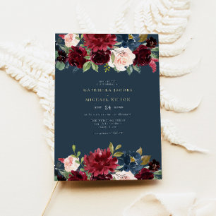 Romantische Hochzeit des Burgund Navy Blush Floral Einladung