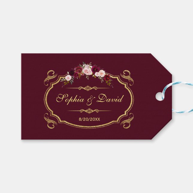 Romantische Hochzeit im Herbst Burgund Marsala Geschenkanhänger (Vorderseite (Horizontal))