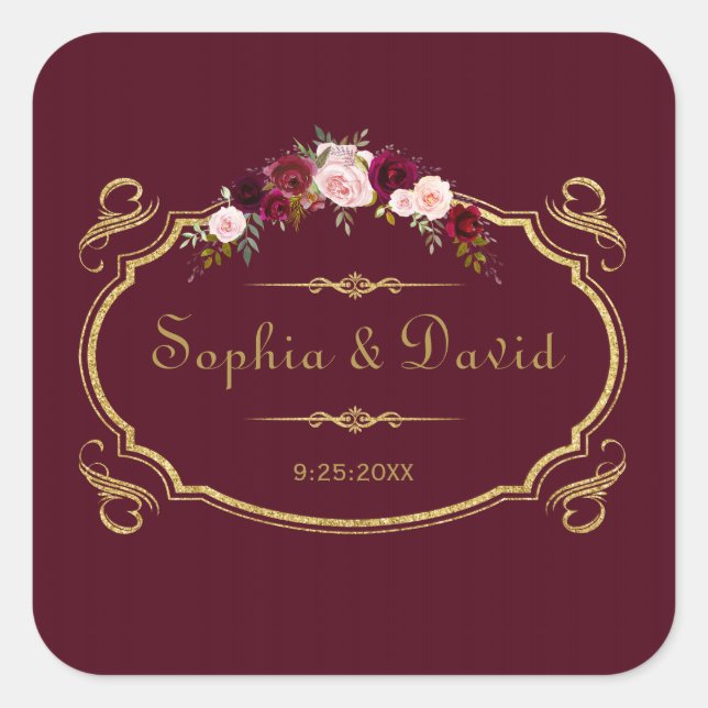 Romantische Hochzeit im Herbst Burgund Marsala Quadratischer Aufkleber (Vorderseite)