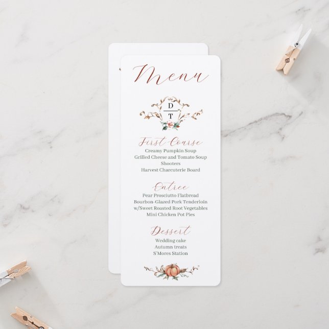 Romantische Hochzeit im Herbst Menü mit Orange und Einladung (Vorderseite/Rückseite Beispiel)