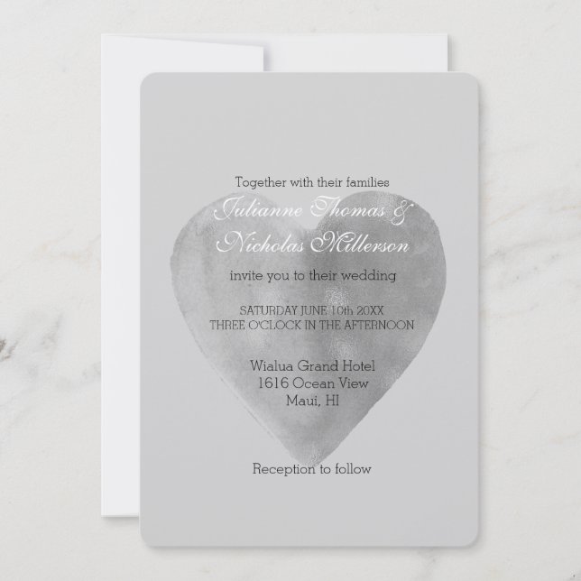 Romantische Hochzeit im Silbergrauen Herz Einladung (Vorderseite)