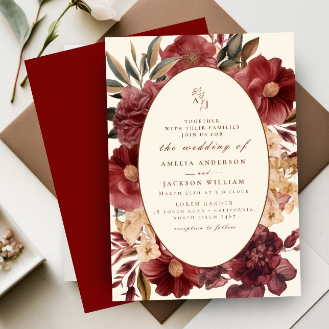 Romantische Hochzeit in Burgund mit Rot und Kupfer Einladung (Von Creator hochgeladen)