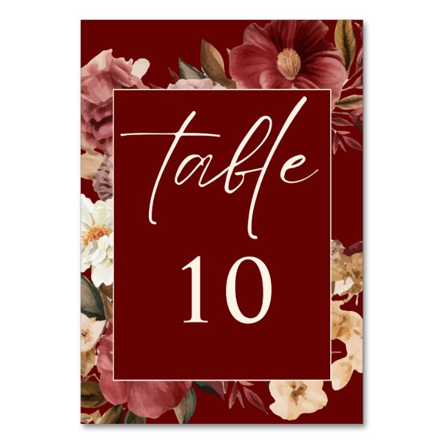 Romantische Hochzeit in Burgund mit Rot und Kupfer Tischnummer (Vorderseite)