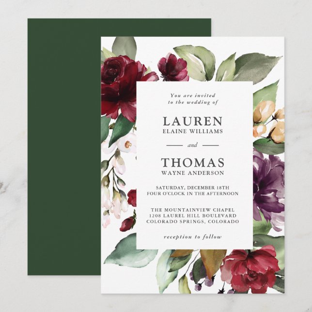 Romantische Hochzeit in Burgund und Grüne Flora Einladung (Vorne/Hinten)