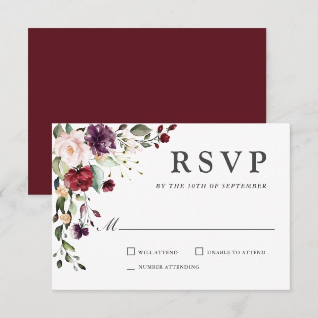 Romantische Hochzeit in Burgund und Pflaumen RSVP Karte (Vorne/Hinten)