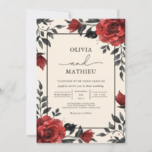 Romantische Hochzeit in Deep Red Floral Einladung