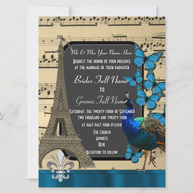 Romantische Hochzeit in Paris, Pfau und Schmetterl Einladung (Vorderseite)