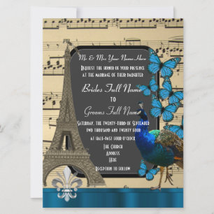 Romantische Hochzeit in Paris, Pfau und Schmetterl Einladung
