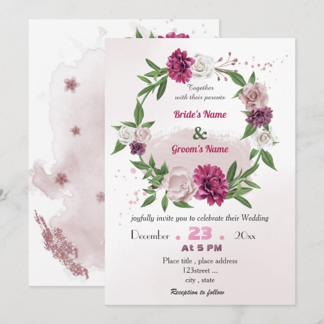 romantische Hochzeit in Rosa-Lila Einladung (Vorne/Hinten)
