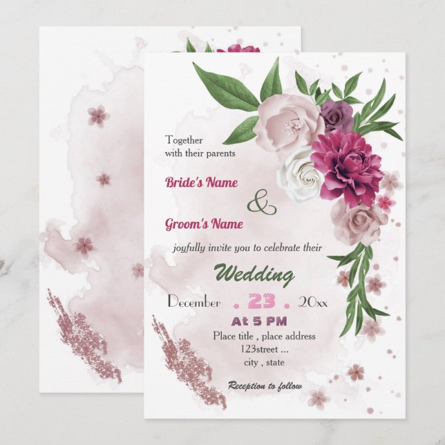 romantische Hochzeit in Rosa-Lila Einladung (Vorne/Hinten)