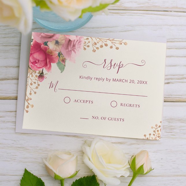 Romantische Hochzeit in Rosa RSVP Karte (Romantic Gold Blush Pink Floral Wedding RSVP Card
)