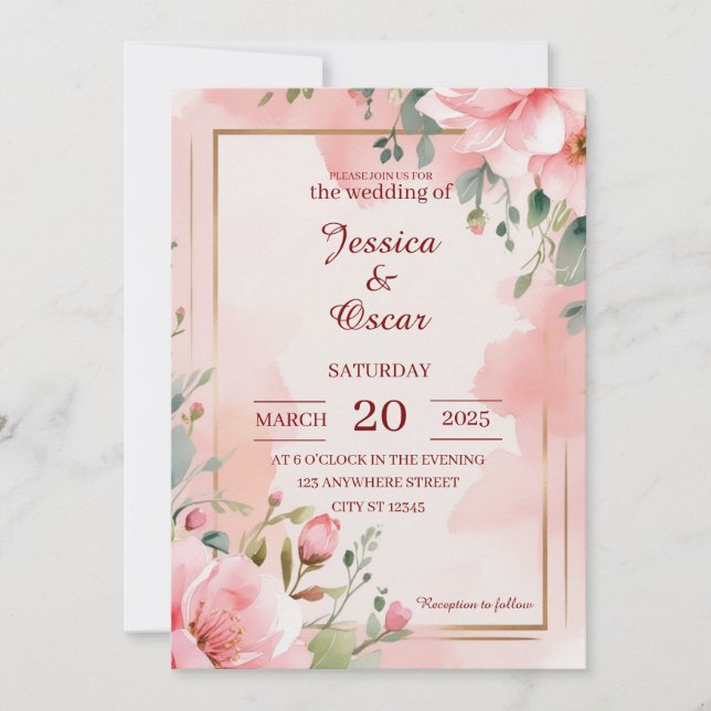 Romantische Hochzeit in sanft rosa Wasserfarbe Flo Einladung (Vorderseite)