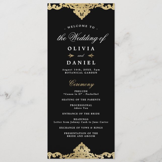 Romantische Hochzeit in Schwarz und Gold Programm (Vorderseite)