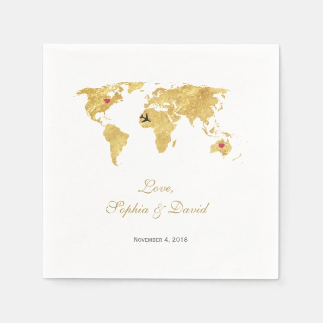 Romantische Hochzeit in Urlaubsort Gold Weltkarte Serviette (Vorderseite)
