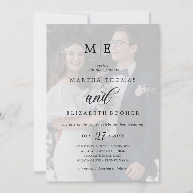 Romantische Hochzeit mit 2 Foto Overlay Chic Calli Einladung (Vorderseite)