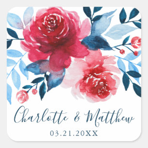 Romantische Hochzeit mit Aquarellfarbe Quadratischer Aufkleber