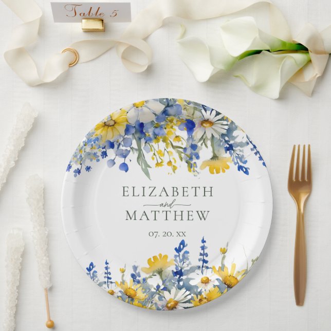 Romantische Hochzeit mit blauen Gelbtönen Wildblum Pappteller (Hochzeit)