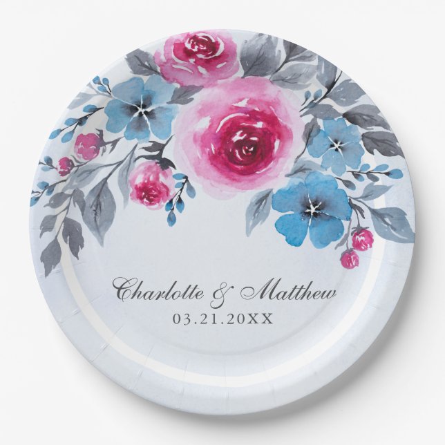 Romantische Hochzeit mit blauer Wasserfarbe Pappteller (Vorderseite)