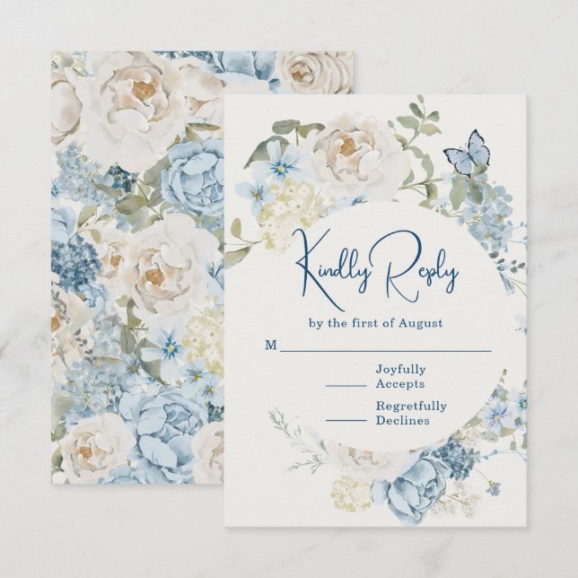 Romantische Hochzeit mit blauer Wasserfarbe RSVP Karte (Vorne/Hinten)