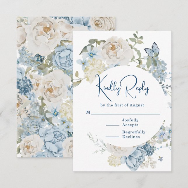 Romantische Hochzeit mit blauer Wasserfarbe RSVP Karte (Vorne/Hinten)