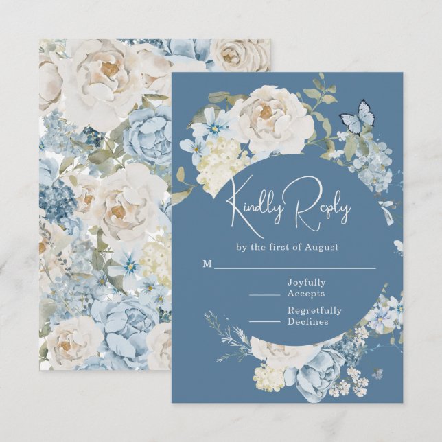 Romantische Hochzeit mit blauer Wasserfarbe RSVP Karte (Vorne/Hinten)