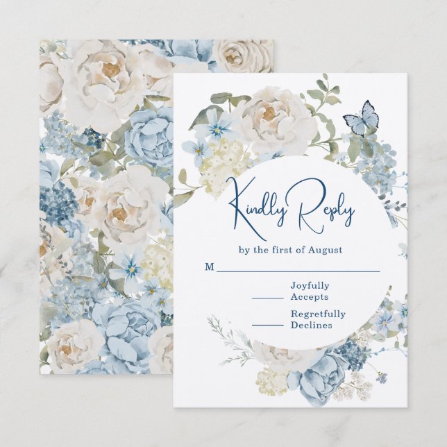 Romantische Hochzeit mit blauer Wasserfarbe RSVP Karte (Vorne/Hinten)