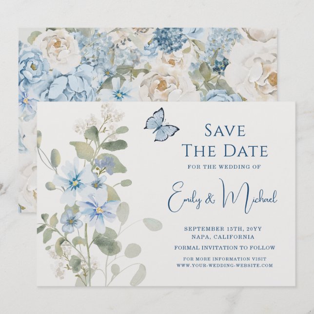 Romantische Hochzeit mit blauer Wasserfarbe Save The Date (Vorne/Hinten)
