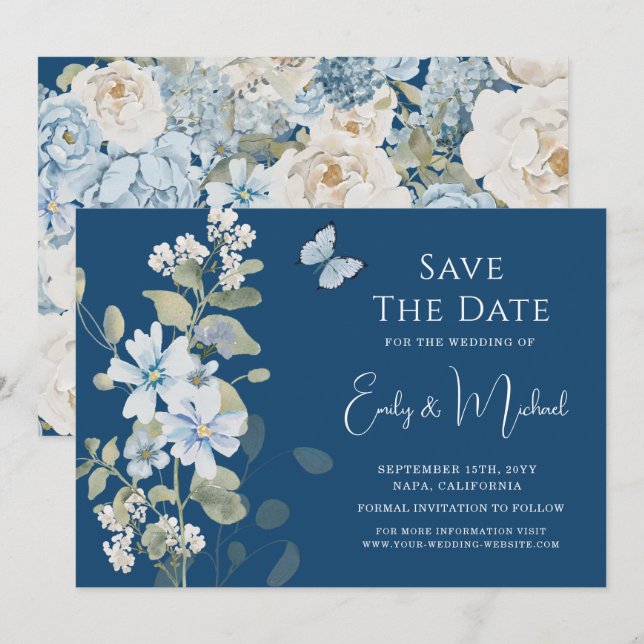 Romantische Hochzeit mit blauer Wasserfarbe Save The Date (Vorne/Hinten)