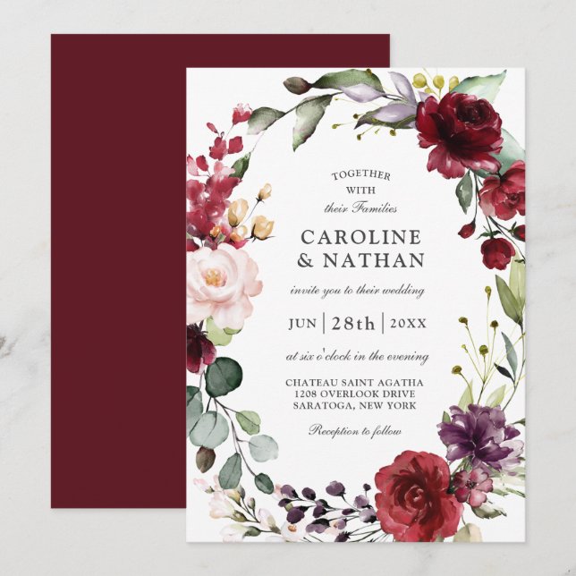 Romantische Hochzeit mit Burgund und Blush Einladung (Vorne/Hinten)