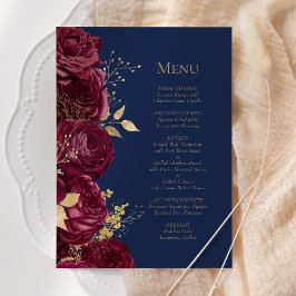 Romantische Hochzeit mit Burgundy Gold Navy Menükarte