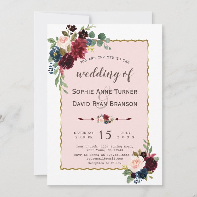 Romantische Hochzeit mit Gold Burgundy Navy Einladung (Vorderseite)