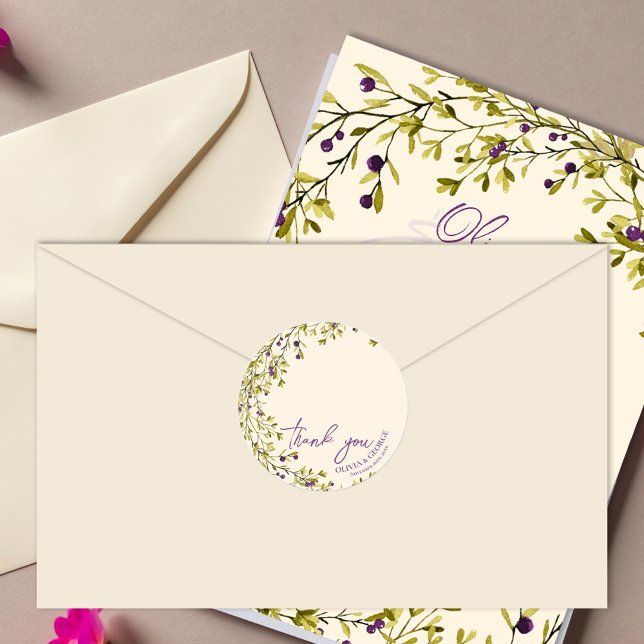 Romantische Hochzeit mit Lila Blüte Vielen Dank Runder Aufkleber (Romantic Purple & Blue Floral Wedding Thank You Classic Round Sticker)