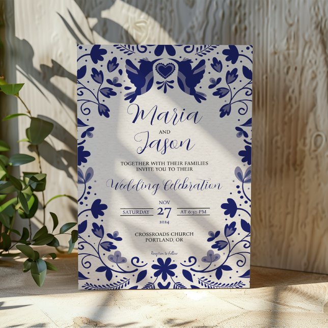 Romantische Hochzeit mit mexikanischer Blauer Flor Einladung (Mexican Blue Floral Romantic Aesthetic Wedding Invitation)
