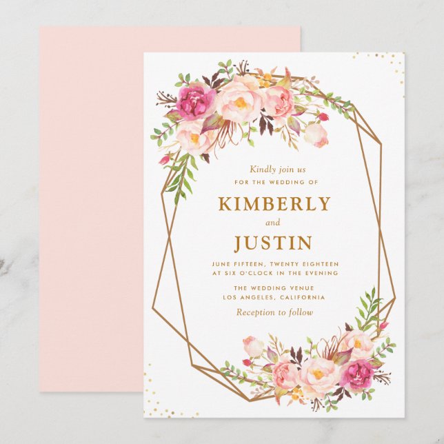 Romantische Hochzeit mit rosa Blumen Einladung (Vorne/Hinten)