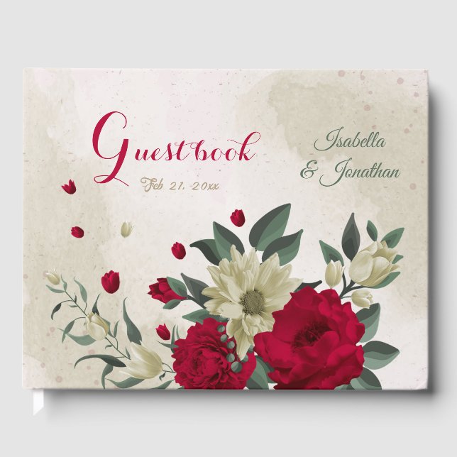 romantische Hochzeit mit roten und blassgelben Blu Gästebuch (Vorderseite)
