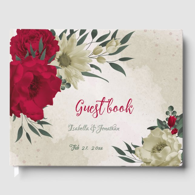 romantische Hochzeit mit roten und blassgelben Blu Gästebuch (Vorderseite)