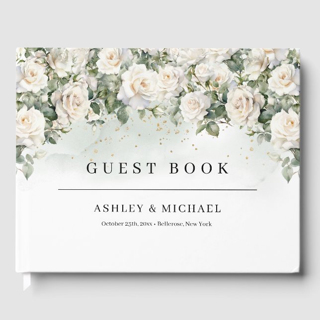 Romantische Hochzeit mit weißer Rose und Grün Gästebuch (Vorderseite)